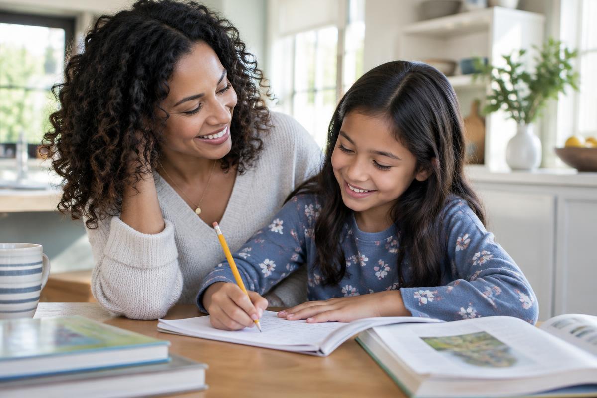 Mother helping her daughter with homework