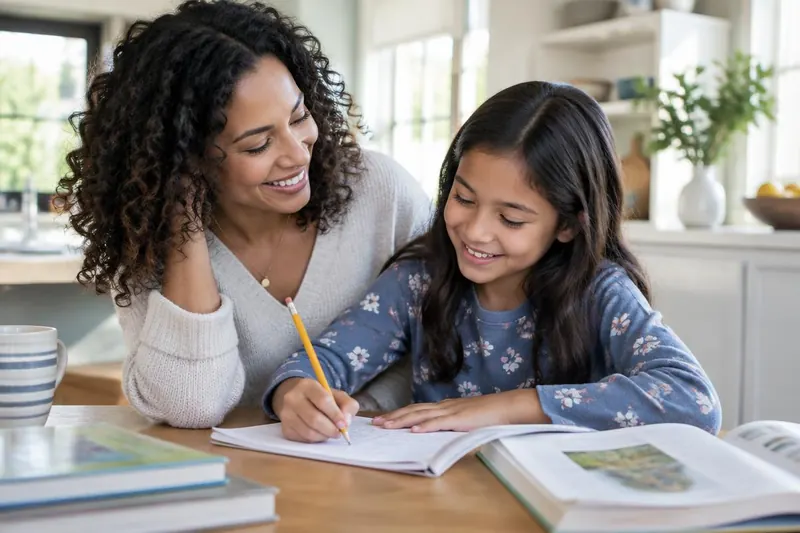 Mother helping her daughter with homework, child identity protection and family credit monitoring