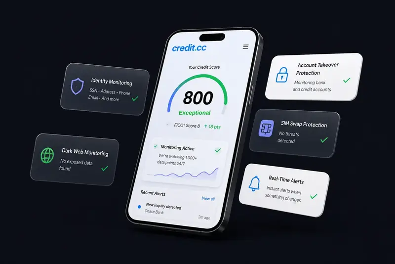 Credit.CC credit monitoring and identity theft protection dashboard with FICO® Score, dark web monitoring and SIM swap alerts