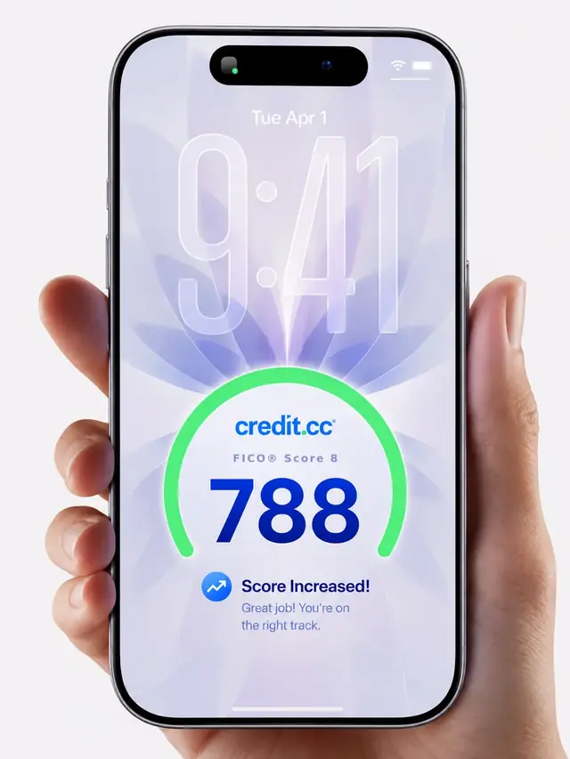Credit.CC mobile app showing a FICO® Score and credit monitoring