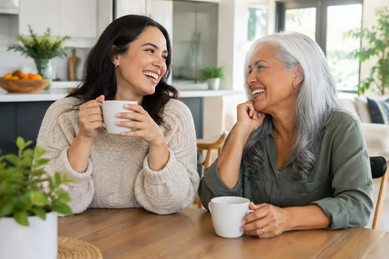 Adult daughter with her mother, parent identity protection and family credit monitoring